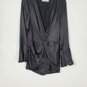 Impressions Romper Sz M Black Satin  Bell Sleeve‎ V Neck Hot Pants